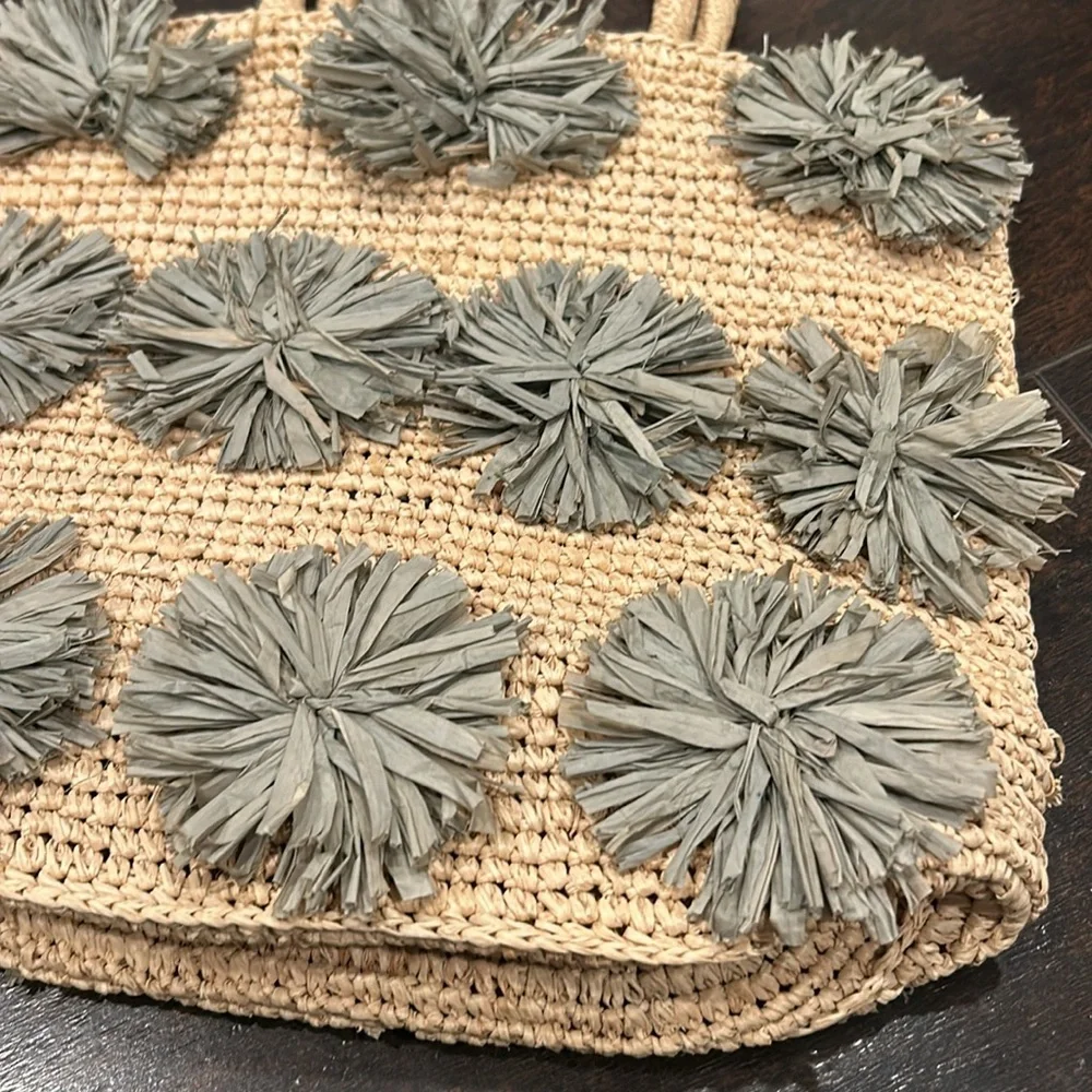 The Little Market Straw Bag Gray Beige Handbag PomPom New without Tags
